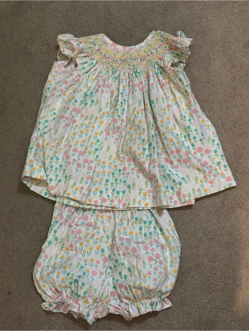 Smocked Floral Baby Dress & Bloomers - Pastel Pink, Yellow & Mint